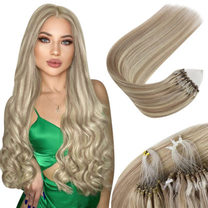 Picture of Sunny Micro Ring Human Hair Extensions Ash Blonde Highlights Bleach Blonde Micro Hair Extensions Human Hair Pre Bonded Micro Loop Extensions Blonde Human Hair 50g 24inch