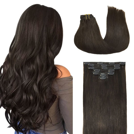 Picture of DOORES Clip in Hair Extensions Dark Brown 120g 7pcs 20 Inch Remy Human Hair Extensions Clip in Real Hair Extensions Natural Hair Straight Thick