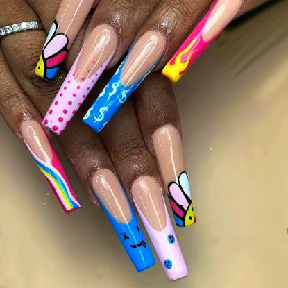 Picture of YOSOMK French Tip Long Press on Nails with Cute Designs Graffiti False Fake Nails Flame Acrylic Nails Press On Coffin Artificial Nails for Women Stick on Nails With Glue on Static nails