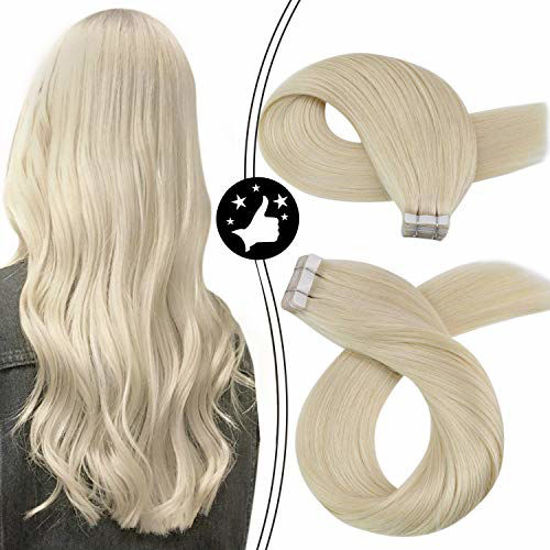 Picture of Moresoo 26inch Tape in Hair Extensions Platinum Blonde Hair Extensions Color #60 Blonde Hair Tape in Extensions Straight Blonde Hair Extensions 20Pieces/50Grams