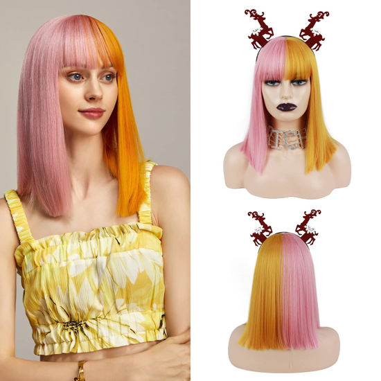 GetUSCart Colorful Split Hair Half Pink Yellow Synthetic Wigs