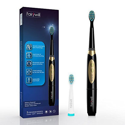 Picture of Electric Toothbrush Clean Your Teeth as Dentist 3 Optional Modes Waterproof for Shower 2 Replacement Heads with 2 AAA Batteries Sonic Toothbrush with Smart Timer Black by Fairywill