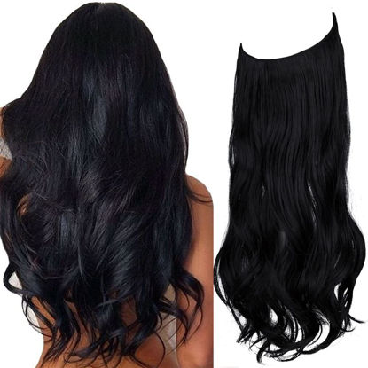 Picture of Hair Extensions Invisible Secret Wire Dark Black Extensions One Piece Curly Wavy Hair Extension Synthetic Hairpieces for Women, 18 inch