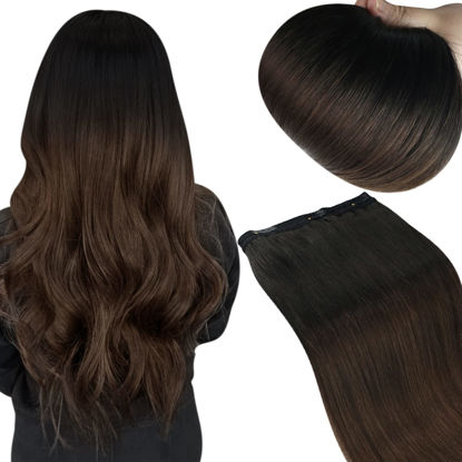 Picture of Sunny Brown One Piece Real Human Hair Extensions With Clip Black to Dark Brown One Piece Clip ins Extensions Brown Clip in One Piece Hair Extensions 3/4 Head 70g 20inch