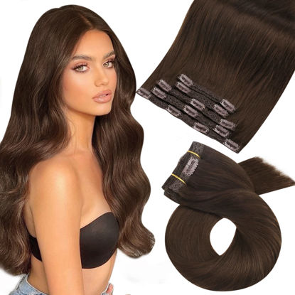 Picture of Moresoo Hair Extensions Clip in Chocolate Brown 14 Inch Clip in Hair Extensions Color #4 Chocolate Brown Clip in Hair Extensions Real Human Hair Clip Ins 70G Remy Clip in Hair Extensions 5PCS