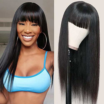 Picture of Hermosa 9A Brazilian Straight Human Hair Wigs with Bangs for Black Women 150% Density Half Machine Lace Front Wigs Human Hair Natural Black Color 24 inch