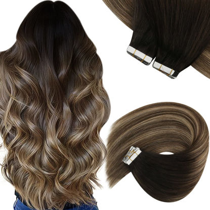 Picture of Sunny Black Ombre Tape in Hair Extensions Real Hair Tape in Extensions Natural Black Ombre Dark Brown with Ash Brown Tape in Real Hair Extensions Human Hair Long Skin Weft 20pcs 50g 24inch