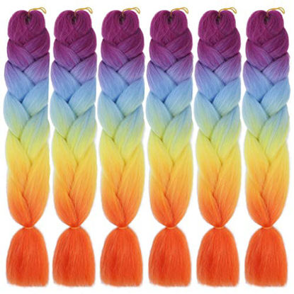 Picture of Xiaofeng Braiding Hair Extensions for Women 6 Packs 100g/Pack 24Inch High Temperature Ombre Jumbo Synthetic Braiding Hair for Twist Crochet Braids (24 Inch, purple-sky blue-yellow-orange)