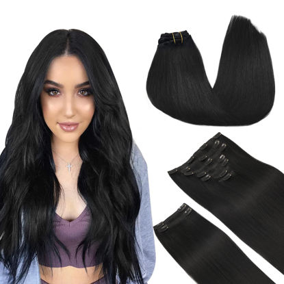 Picture of Clip in Remy Hair Extensions, Jet Black 150g 9pcs 24 Inch, DOORES Real Hair Extensions Clip in Human Hair Extensions for Women Clip in Natural Hair Extensions Thick Silky Straight Hair Extensions