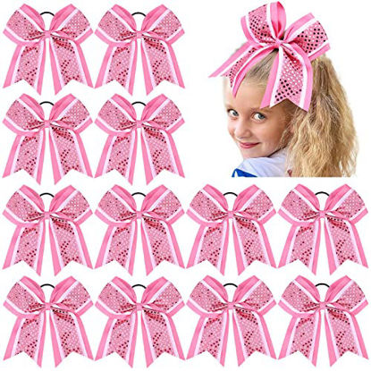 Picture of 12 PCS 8" Large Glitter Cheer Bows Pink Girl Hair Bows Sparkly Cheerleading Softball Team Bow Hair Accessories for cheerleaders football Competition Sports