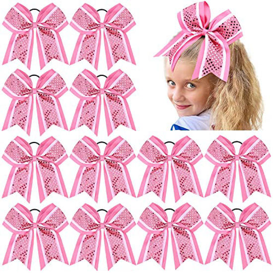 NEW PINK & WHITE GLITTER Cheer Bow Pony Tail 3 Inch Ribbon Girls  Cheerleading