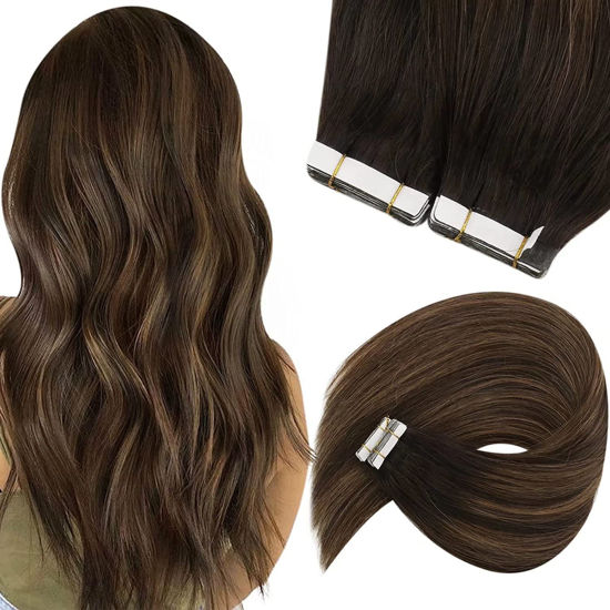 Picture of Sunny Tape in Hair Extensions Brown Human Hair Tape in Remy Hair Extensions Dark Brown Ombre Medium Brown Human Hair Tape in Extensions Balayage Skin Weft 14inch 50g 20pcs