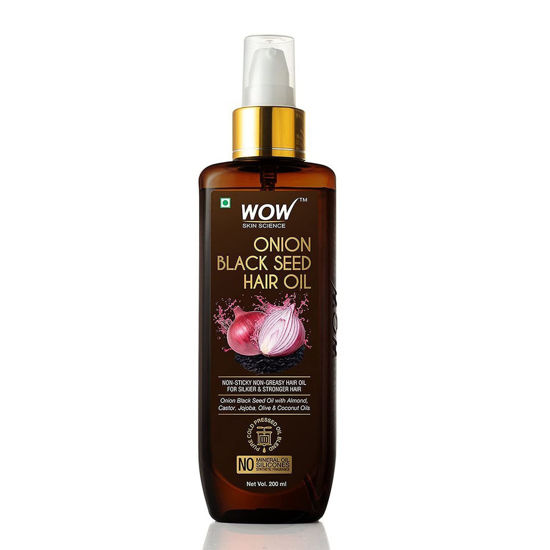 Picture of WOW Skin Science Onion Black Seed Hair Oil for Dry Damaged Hair & Growth - Oil Hair Care Strong Hair Growth Oil - Hair Treatment for Dry Damaged Hair with Almond, Castor, Olive, Coconut & Jojoba Oil (6.8 Fl Oz (Pack of 1))