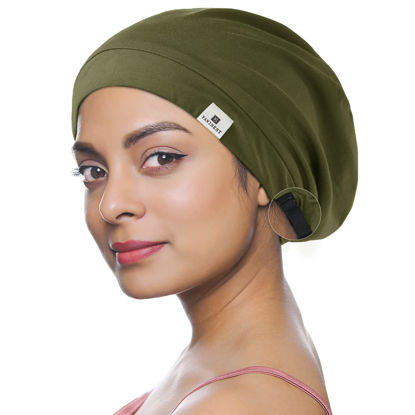 Picture of YANIBEST 100% Mulberry Silk Lined Sleep Cap Silk Bonnet for Women - Olive Green Hair Cover Bonnet for Natural Hair Adjustable Slouchy Beanie Hat