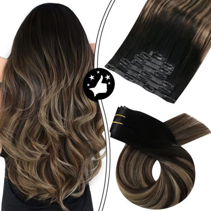 Picture of Moresoo Clip in Real Human Hair Extensions Seamless Clip in Black to Blonde Hair Extensions PU Weft Clip ins Natural Remy Hair Extensions Full Head Straight (14inch 120g 7pcs)