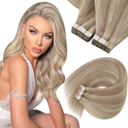 Picture of Sunny Tape in Hair Extensions Human Hair Ash Blonde Real Tape in Extensions Ash Blonde Highlights Bleach Blonde #18/613 Tape in Human Hair Extensions Blonde Invisible Seamless 20inch 50g 20pcs