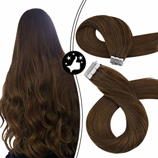 Picture of Moresoo 20inch Brown Hair Extensions Tape in Human Hair Extensions Soft Hair Color Dark Golden Brown #8 Real Human Hair Extensions Glue in Seamless Skin Weft 20PCS/50Grams