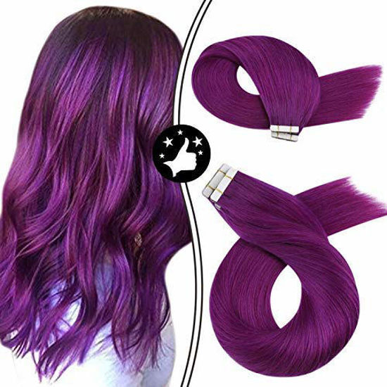 Picture of Moresoo Tape in Hair Extensions 18 Inch Human Hair Tape in Extensions Color Purple Hair Extensions Real Hair Tape in 25g/10pcs Real Remy Human Human Hair Extensions Seamless Tape in Natural Hair