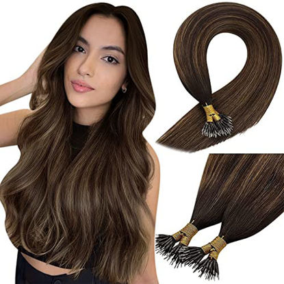 Picture of Sunny Nano Ring Real Hair Extensions Brown Ombre Human Hair Nano Tips Hair Extensions Darkest Brown to Medium Brown Balayage Nano Hair Extensions Natural Hair Ombre 50g 16inch