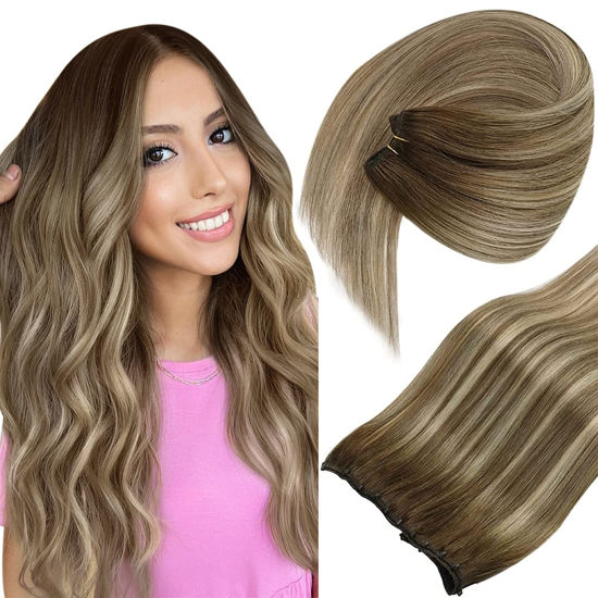 Picture of Sunny Microbead Weft Hair Extensions Human Hair Ombre Bead in Hair Weft Extensions Human Hair Dark Brown Balayage Light Brown Mix Blonde Weft Micro Hair Extensions Natural Remy Hair 22inch 50g