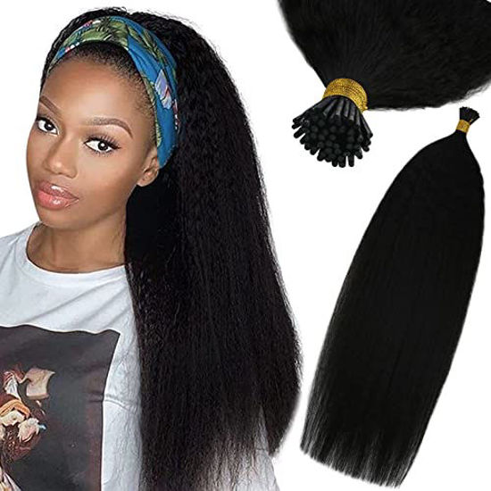 Picture of Sunny I Tip Hair Extensions Real Human Hair Kinky Straight Natural Black Kinky Straight Itip Extensions Human Hair I Tip Extensions Black Invisible Remy Hair Extensions Tips 20inch 1g/strand 50g/set