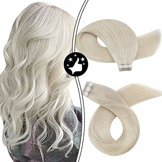 Picture of Moresoo 22 Inch Tape Hair Extensions Remy Human Hair Tape in Thick Hair 50 Grams 20 Pieces Per Pack Blonde #60A Seamless Tape in Hair Extensions Remy Human Hair for Women