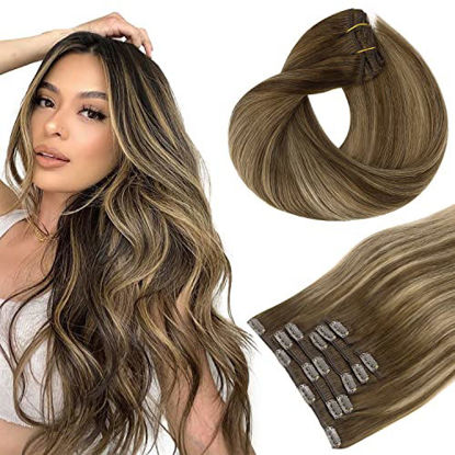 Picture of Clip in Hair Extensions, hotbanana Chocolate Brown with Honey Blonde 120g Clip in Hair Extensions Real Human Hair Straight Remy Hair Clip in Hair Extensions 20 inch 7pcs