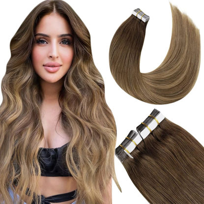 Picture of LAAVOO Brown Human Hair Tape in Extensions Balayage Dark Brown to Golden Blonde with Brown Tape in Extensions Real Human Hair Natural Remy Hair Extensions Tape Ins 16inches 50g 20pcs