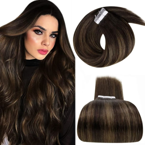 Picture of Balayage Tape in Extensions Human Hair Darkest Brown to Light Brown Mixed Brown 20 inch Seamless Long Tape in Hair Extensions Real Human Hair Straight 20pcs 50g