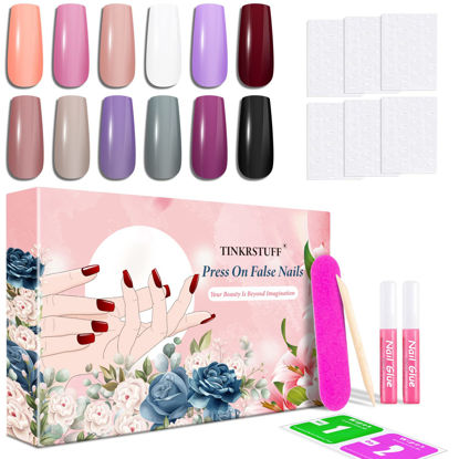 Picture of 12 Solid Color Glossy Flat Square False Press On Nails Pack #1, 288PCS Acrylic Medium Length Nail Tip Kit with Stickers Tabs, Prep Pads, Nail File and Cuticle Stick