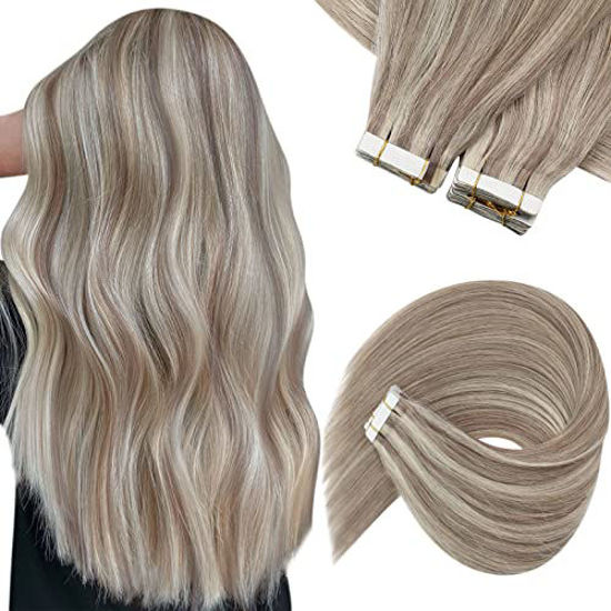 Picture of Sunny Tape in Hair Extensions Highlights Blonde Human Hair Tape in Extensions Invisible Remy Hair Tape in Blonde Hair Extensions Platinum Blonde Highlights Dirty Blonde 16inch 20pcs 50g