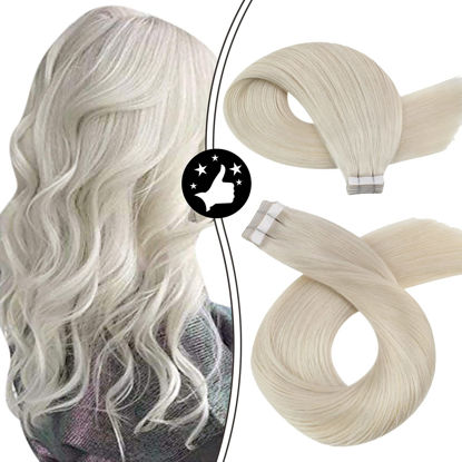 Picture of Moresoo White Blonde Hair Extensions Tape in Remy Hair 10 Inch Human Hair Extensions Tape in #60A White Blonde Tape in Straight Hair 20pcs Adhesive Tape ins 30g