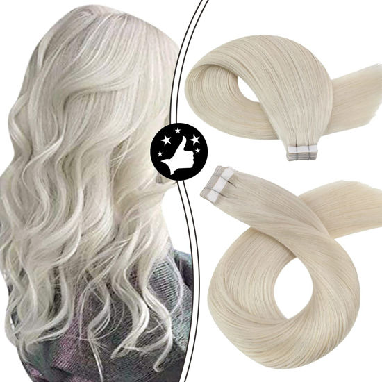 Picture of Moresoo White Blonde Hair Extensions Tape in Remy Hair 10 Inch Human Hair Extensions Tape in #60A White Blonde Tape in Straight Hair 20pcs Adhesive Tape ins 30g