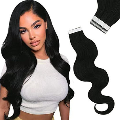 Picture of Sunny Wavy Tape in Hair Extensions Black #1B Body Wave Human Hair Tape in Extensions Black Curly Hair Extensions Tape in Invisible Remy Straight for Women 18inch 20pcs 50g