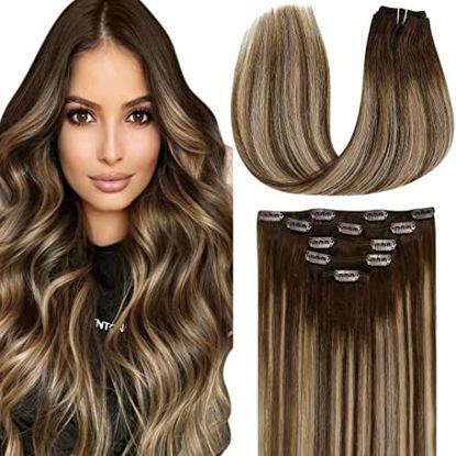 Picture of LAAVOO Brown Clip in Hair Extensions Real Human Hair 14 inch Balayage Brown Fading to Caramel Blonde Brown Remy Human Hair Extensions Clip ins Double Weft Soft 70g/5pcs