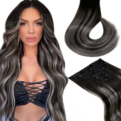 Picture of LAAVOO Clip in Hair Extensions Real Human Hair Ombre Natural Black to Silver Grey with Black Remy Human Hair Extensions Clip ins Balayage Double Weft Thick 20 Inch 7Pcs 120g