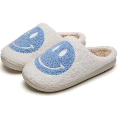 Picture of Smile Face Slippers For Women/Men, Retro Soft Plush Lightweight Smiley Face House Slippers, Indoor Outdoor Cozy Trendy Slip-On Slipper (6.5-7.5 Women/6-7 Men, White-Blue Smile, numeric_6_point_5)