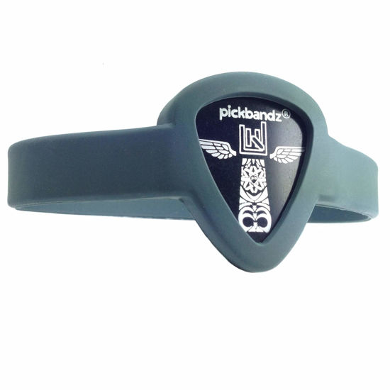 Picture of Pickbandz Wristband Guitar Pick Holder - pop in your favorite custom guitar pick (Pickbandz pick included) select Color and Size - Rock On! (Adult X-Large, Timberwolf Gray)