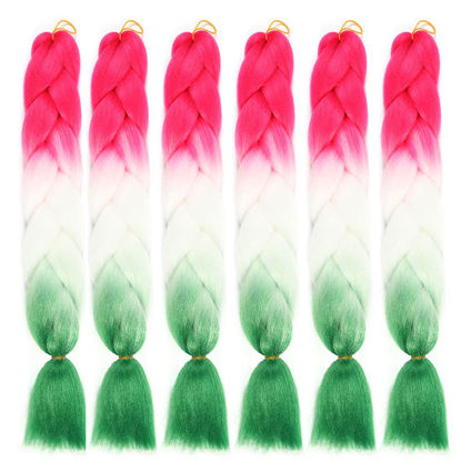 Picture of SHUOHAN 6 Packs Kanekalon Ombre Jumbo Braiding Hair Extensions 24 Inch High Temperature Synthetic Fiber Hair Extension for Box Braids Crochet Braids Braiding Hair (red to white to grass green)