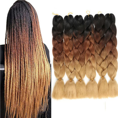 Picture of SHUOHAN 6 Packs Kanekalon Ombre Jumbo Braiding Hair Extensions 24 Inch High Temperature Synthetic Fiber Hair Extension for Box Braids Crochet Braids Braiding Hair (black to dark brown to light brown)