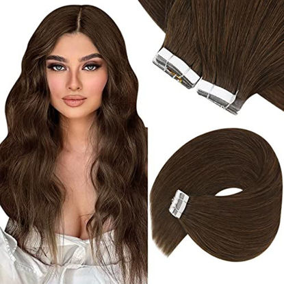 Picture of Sunny Brown Tape in Hair Extensions Human Hair Dark Brown Tape in Remy Hair Extensions for Women Dark Brown Hair Extensions Tape in Skin Weft Tape on Brown Hair Extensions 14inch 50g 20pcs