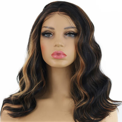 Picture of ANDRIA Highlight Brown Short Bob Lace Front Wig Wavy Wigs with Baby Hair Highlights Blond Wig Glueless Lace Wigs Natural Wave Wig Synthetic Heat Resistant Fiber Colorful Wig for Black Women