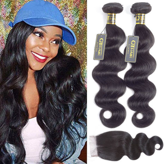 Picture of QTHAIR 12A Grade Brazilian Human Hair Bundles Body Wave Hair Bundles with Closure(10"10+10"Closure) Body Wave 2 Bundles with Closure Unprocessed Virgin Weave Bundles with Closure