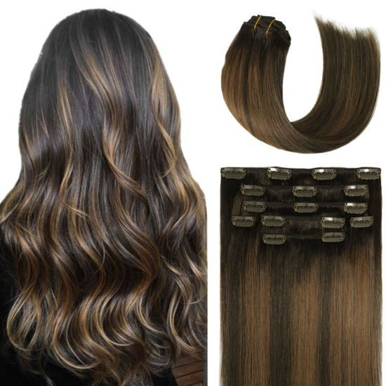 Picture of Honsoo Clip In Hair Extensions Real Human Hair Dark Brown to Chestnut Brown 18in 70g 7pcs Vrigin Hair 9a Hair Natural Hair For Women (18"#2T6P2)