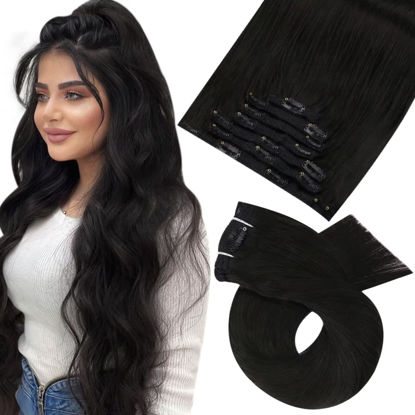 Picture of Moresoo Clip in Hair Extensions Human Hair Natural Black 18 Inch 7pcs 120grams Straight Real Human Hair Extensions for Women Double Weft Full Head Extensions