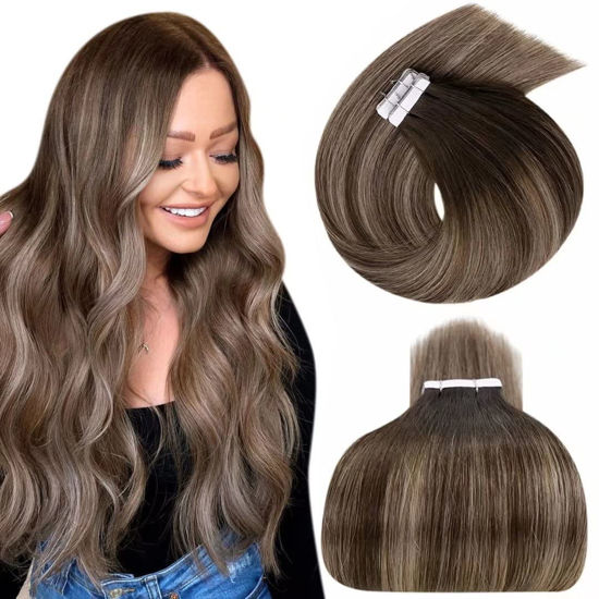 Picture of LAAVOO Brown Balayage Hair Extensions Real Human Hair Tape in Dark Brown Fading to Ash Brown Mix Dark Brown Ombre Tape in Hair Extensions Remy Human Hair 18 inch 20pcs 50g