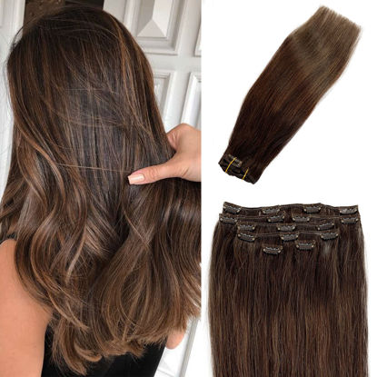 Picture of Hair Extensions Clip ins Brown Highlighted Real Human Hair Clip in Extensions 15 Inch Short Straight Balayage Brown Clip on Hair Extensions 70grams 7pcs