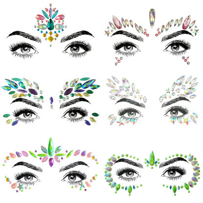 Picture of SHINEYES 6 Pcs Festival Face Gems Glitter,Rhinestone Rave Face Jewels Festival,Crystals Face Stickers, Eyes Face Body Temporary Tattoos