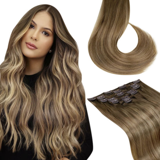 Picture of LAAVOO Balayage Brown Clip in Hair Extensions Real Human Hair Light Brown to Golden Blonde 16inch 7Pcs 120g Remy Human Hair Extensions Double Weft