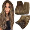 Picture of Full Shine Balayage Clip in Hair Extensions 16 Inch Human Hair Extensions Color Medium Brown Fading to Honey Blonde and Brown Remy Clip in Hair Blonde Highlight 7 Pcs Clip in Extensions 120 Gram